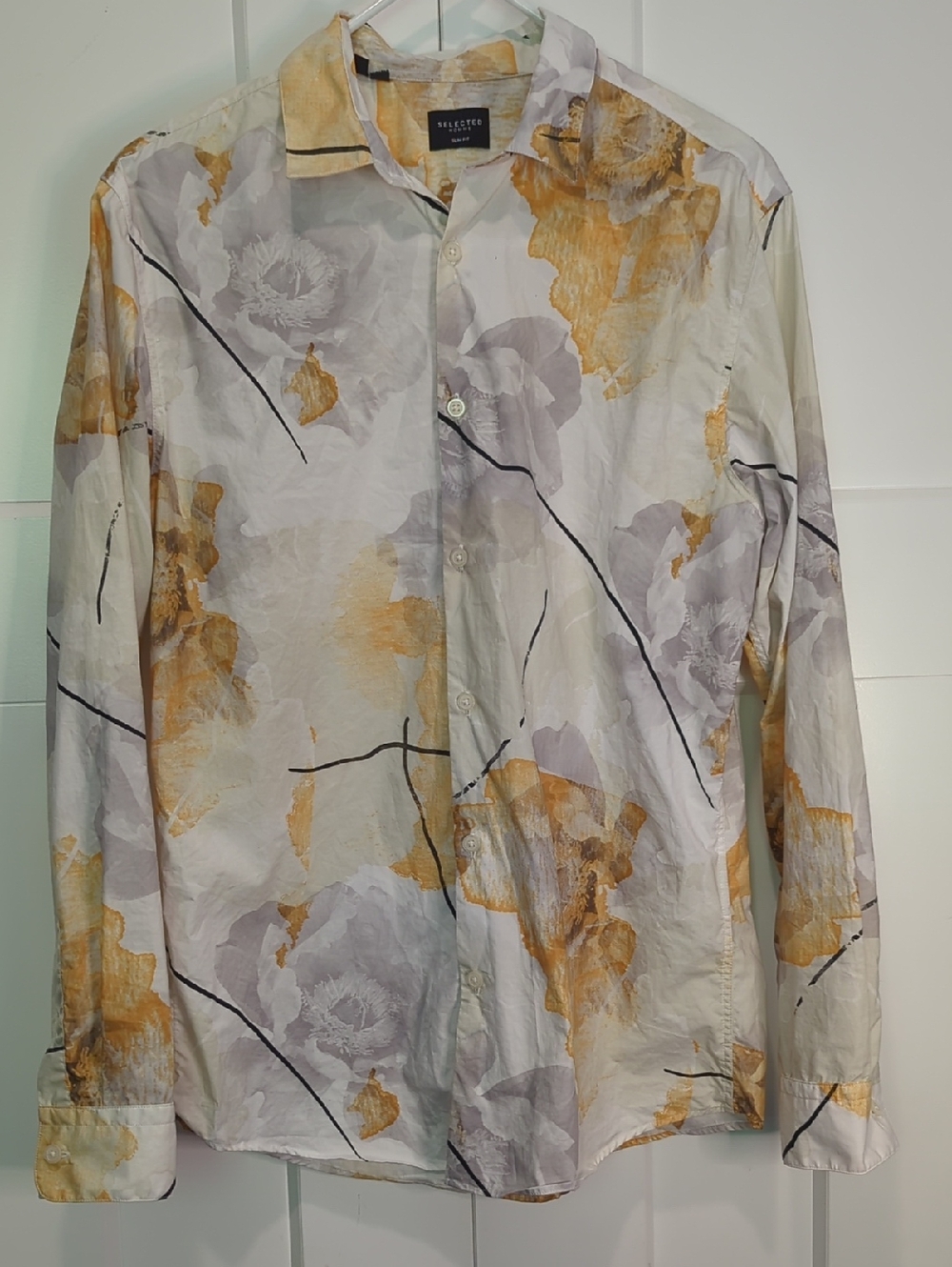 Selected Homme Slim Floral Abstract Button-Up Shirt in Yellow & Gray Size S